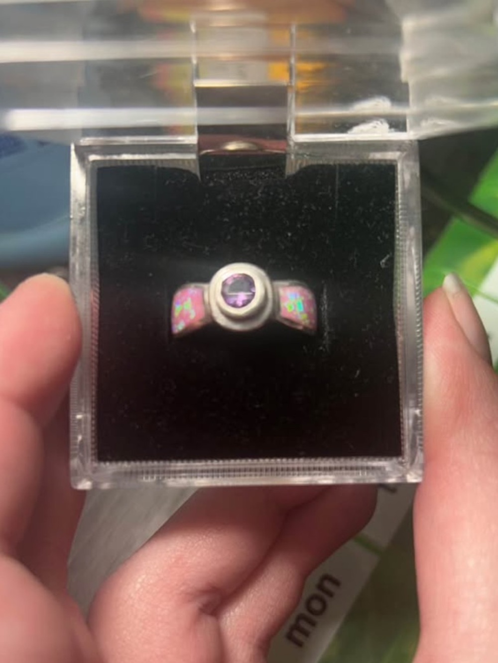 Sterling Silver Pink Opal Inlay Ring with Amethyst Center Stone